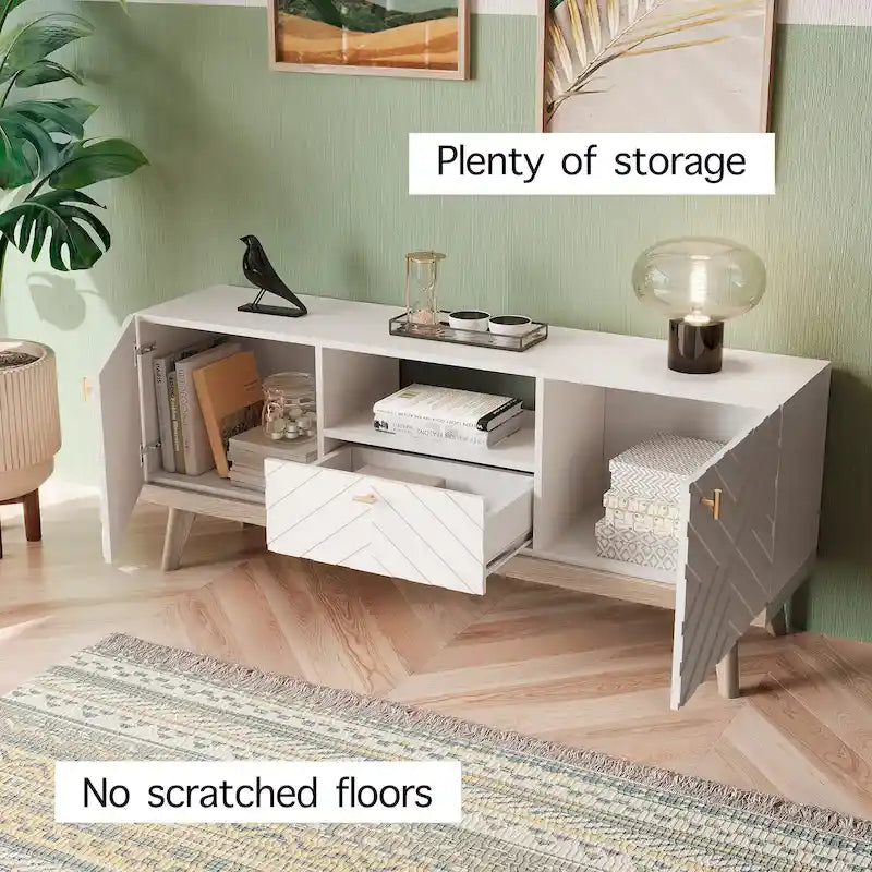 Meuble TV console Living Skog Alba beige avec tiroir, compatible avec les téléviseurs jusqu'à 65 pouces, pieds en bois, design moderne du milieu du siècle