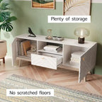 Meuble TV console Living Skog Alba beige avec tiroir, compatible avec les téléviseurs jusqu'à 65 pouces, pieds en bois, design moderne du milieu du siècle