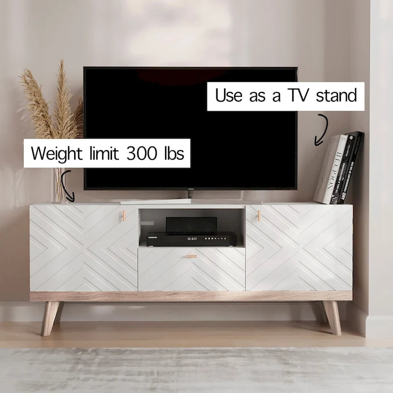 Meuble TV console Living Skog Alba beige avec tiroir, compatible avec les téléviseurs jusqu'à 65 pouces, pieds en bois, design moderne du milieu du siècle