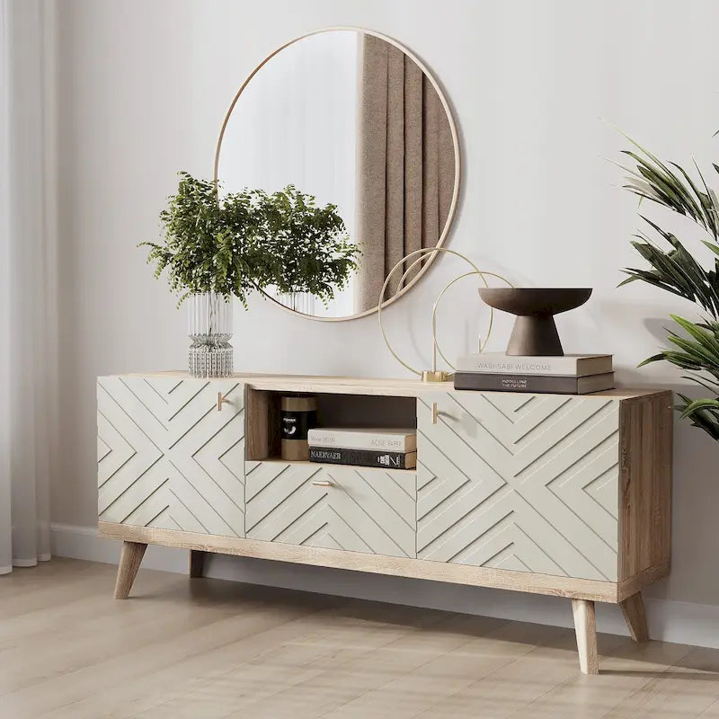 Meuble TV console Living Skog Alba beige avec tiroir, compatible avec les téléviseurs jusqu'à 65 pouces, pieds en bois, design moderne du milieu du siècle