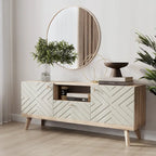 Meuble TV console Living Skog Alba beige avec tiroir, compatible avec les téléviseurs jusqu'à 65 pouces, pieds en bois, design moderne du milieu du siècle