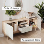 Meuble TV console Living Skog Alba beige avec tiroir, compatible avec les téléviseurs jusqu'à 65 pouces, pieds en bois, design moderne du milieu du siècle