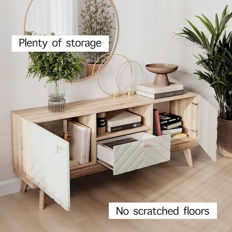 Meuble TV console Living Skog Alba beige avec tiroir, compatible avec les téléviseurs jusqu'à 65 pouces, pieds en bois, design moderne du milieu du siècle