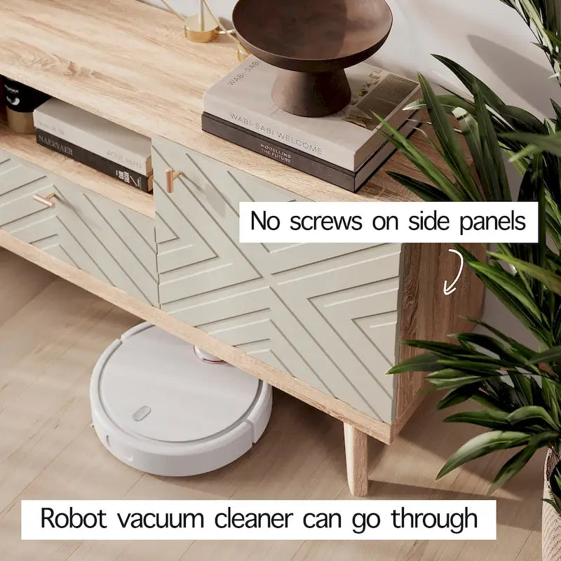 Meuble TV console Living Skog Alba beige avec tiroir, compatible avec les téléviseurs jusqu'à 65 pouces, pieds en bois, design moderne du milieu du siècle