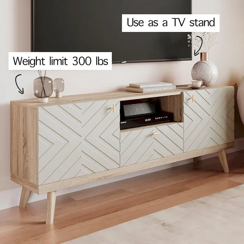 Meuble TV console Living Skog Alba beige avec tiroir, compatible avec les téléviseurs jusqu'à 65 pouces, pieds en bois, design moderne du milieu du siècle