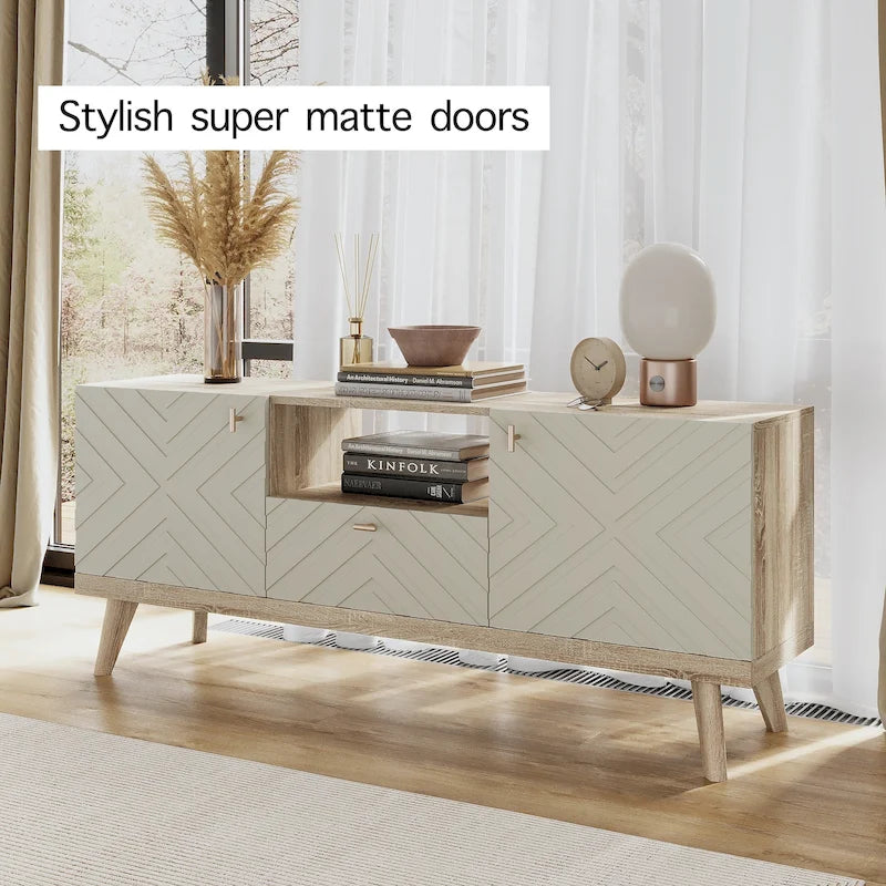 Meuble TV console Living Skog Alba beige avec tiroir, compatible avec les téléviseurs jusqu'à 65 pouces, pieds en bois, design moderne du milieu du siècle