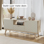 Meuble TV console Living Skog Alba beige avec tiroir, compatible avec les téléviseurs jusqu'à 65 pouces, pieds en bois, design moderne du milieu du siècle