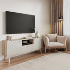 Meuble TV console Living Skog Alba beige avec tiroir, compatible avec les téléviseurs jusqu'à 65 pouces, pieds en bois, design moderne du milieu du siècle