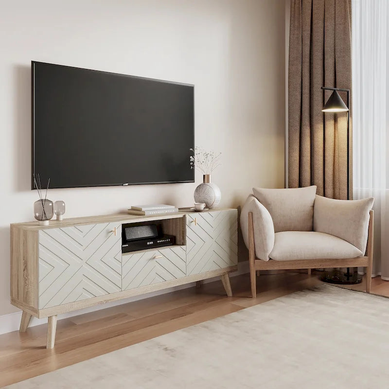 Meuble TV console Living Skog Alba beige avec tiroir, compatible avec les téléviseurs jusqu'à 65 pouces, pieds en bois, design moderne du milieu du siècle