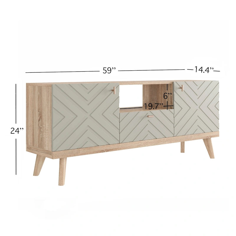 Meuble TV console Living Skog Alba beige avec tiroir, compatible avec les téléviseurs jusqu'à 65 pouces, pieds en bois, design moderne du milieu du siècle