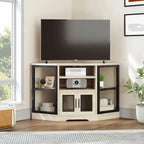 Meuble TV d'angle style ferme, console multimédia pour téléviseurs jusqu'à 55 pouces avec prise électrique