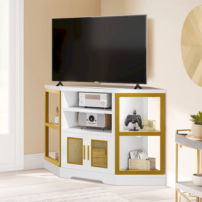 Meuble TV d'angle style ferme, console multimédia pour téléviseurs jusqu'à 55 pouces avec prise électrique