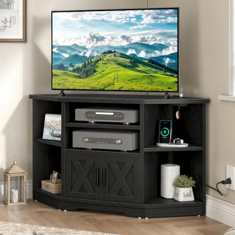 Meuble TV d'angle style ferme, console multimédia pour téléviseurs jusqu'à 55 pouces avec prise électrique