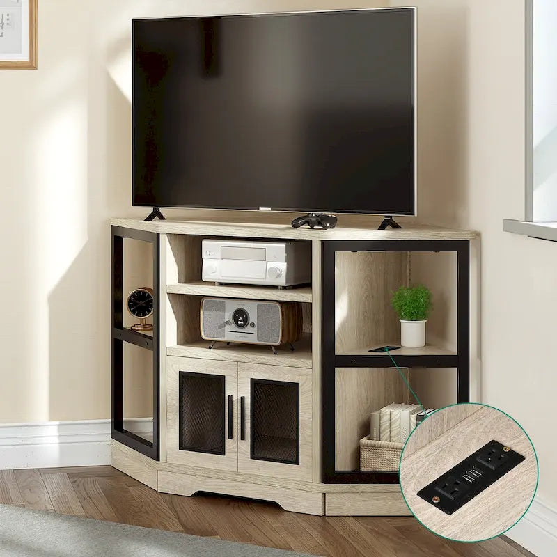 Meuble TV d'angle style ferme, console multimédia pour téléviseurs jusqu'à 55 pouces avec prise électrique