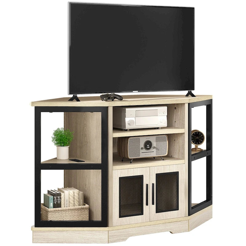 Meuble TV d'angle style ferme, console multimédia pour téléviseurs jusqu'à 55 pouces avec prise électrique