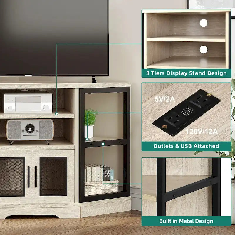 Meuble TV d'angle style ferme, console multimédia pour téléviseurs jusqu'à 55 pouces avec prise électrique
