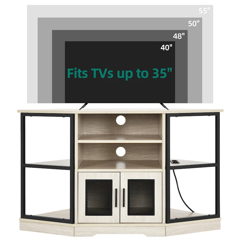 Meuble TV d'angle style ferme, console multimédia pour téléviseurs jusqu'à 55 pouces avec prise électrique