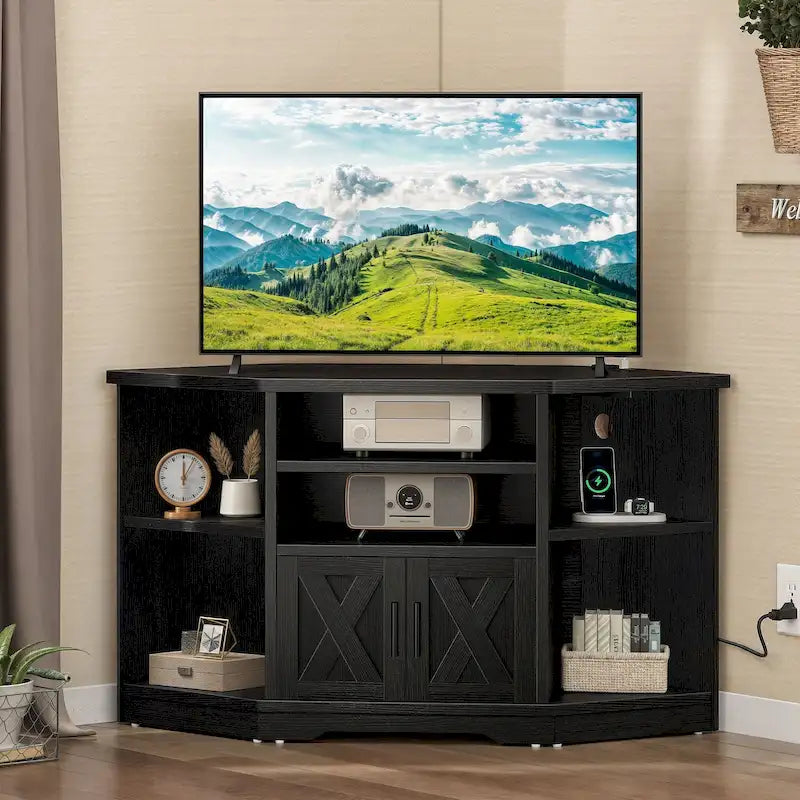 Meuble TV d'angle style ferme, console multimédia pour téléviseurs jusqu'à 55 pouces avec prise électrique