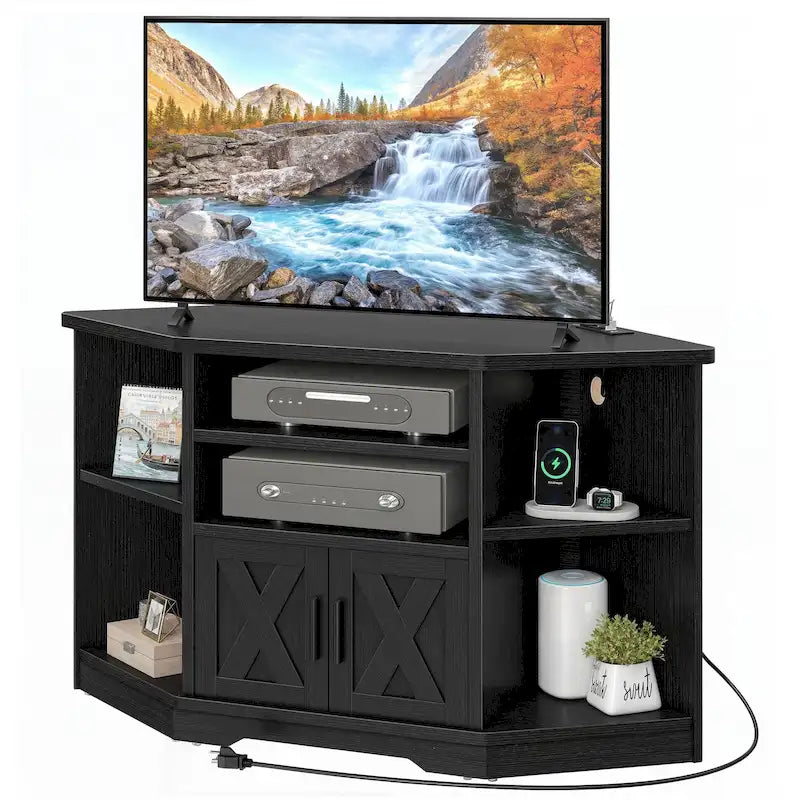 Meuble TV d'angle style ferme, console multimédia pour téléviseurs jusqu'à 55 pouces avec prise électrique