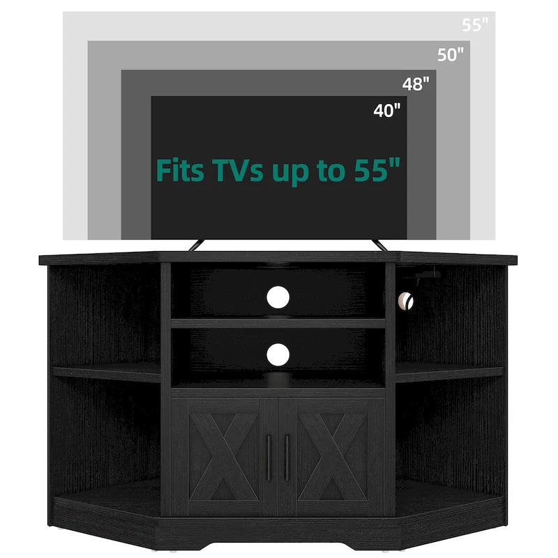 Meuble TV d'angle style ferme, console multimédia pour téléviseurs jusqu'à 55 pouces avec prise électrique