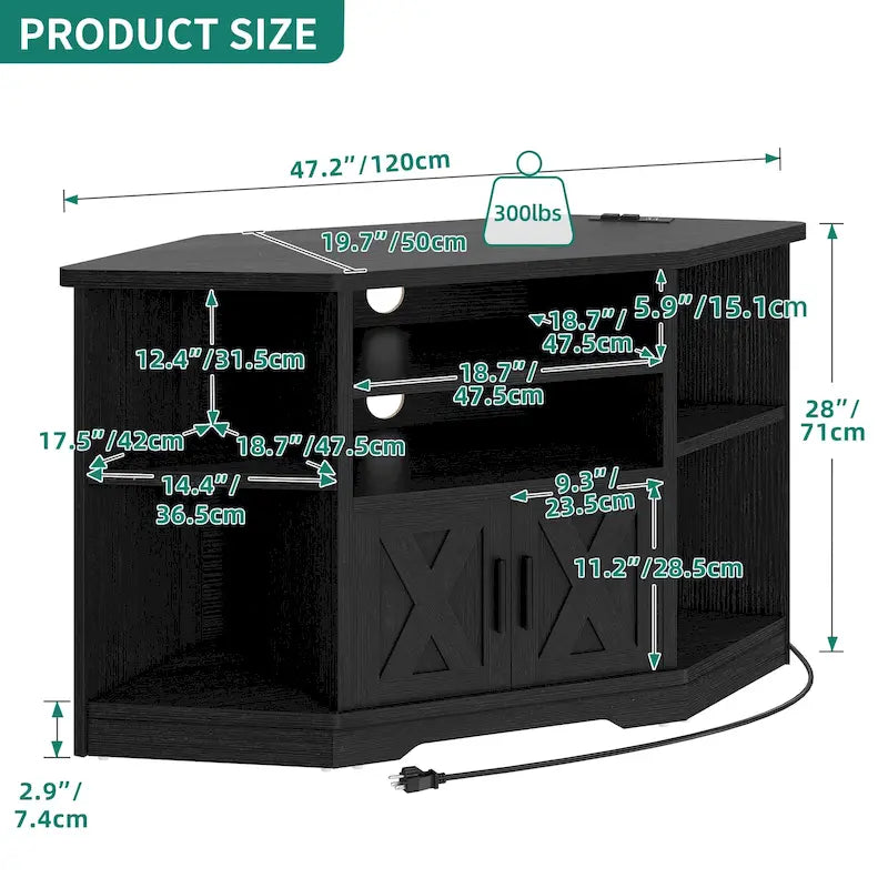 Meuble TV d'angle style ferme, console multimédia pour téléviseurs jusqu'à 55 pouces avec prise électrique