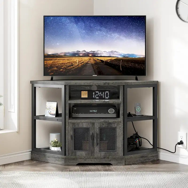 Meuble TV d'angle style ferme, console multimédia pour téléviseurs jusqu'à 55 pouces avec prise électrique