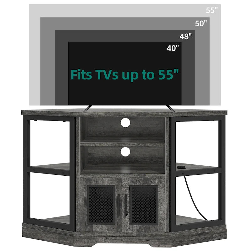 Meuble TV d'angle style ferme, console multimédia pour téléviseurs jusqu'à 55 pouces avec prise électrique