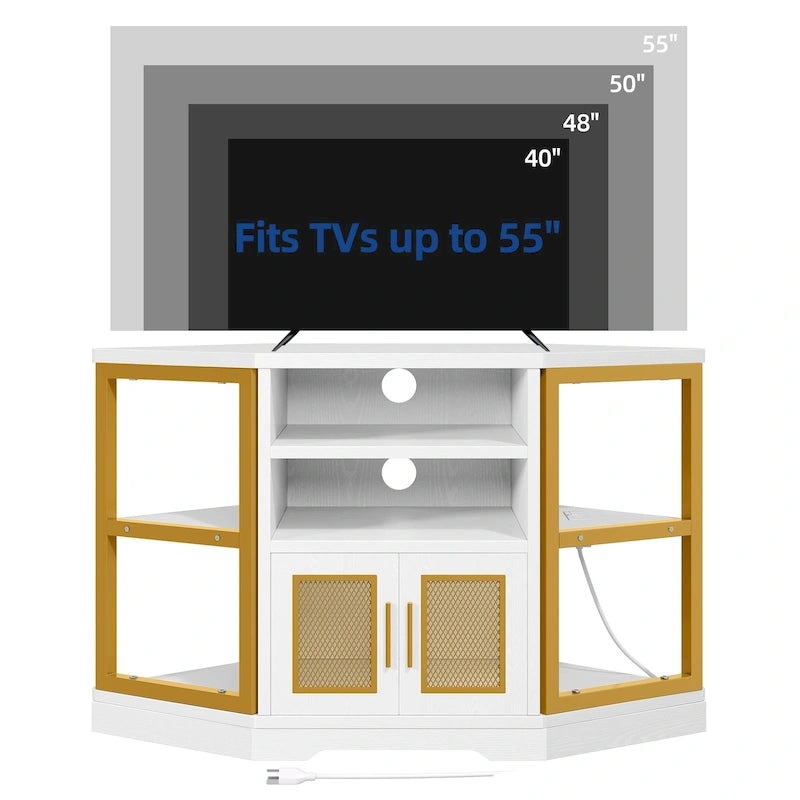 Meuble TV d'angle style ferme, console multimédia pour téléviseurs jusqu'à 55 pouces avec prise électrique
