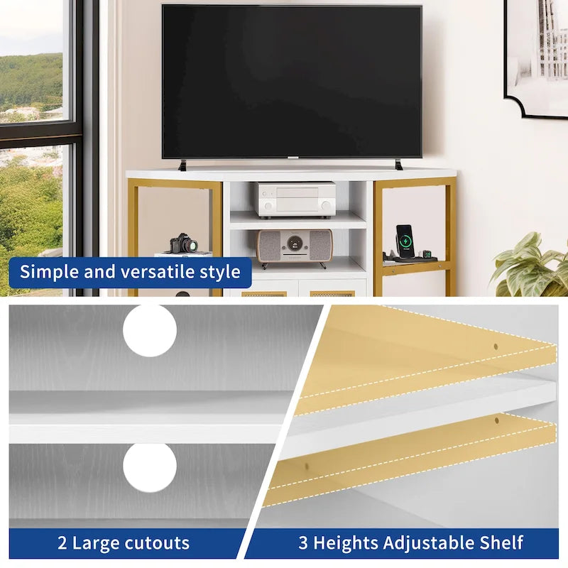 Meuble TV d'angle style ferme, console multimédia pour téléviseurs jusqu'à 55 pouces avec prise électrique