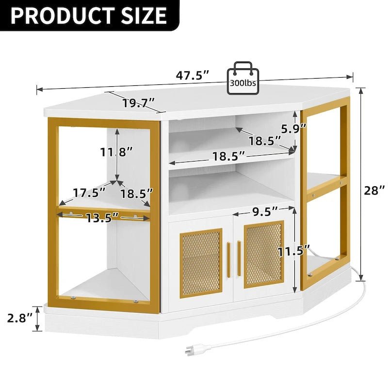 Meuble TV d'angle style ferme, console multimédia pour téléviseurs jusqu'à 55 pouces avec prise électrique