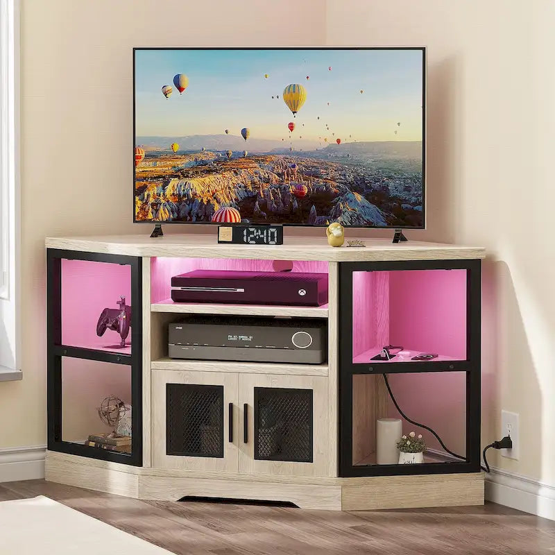 Meuble TV d'angle style ferme, console multimédia pour téléviseurs jusqu'à 55 pouces avec prise électrique