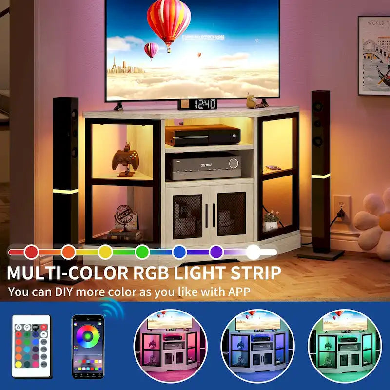 Meuble TV d'angle style ferme, console multimédia pour téléviseurs jusqu'à 55 pouces avec prise électrique