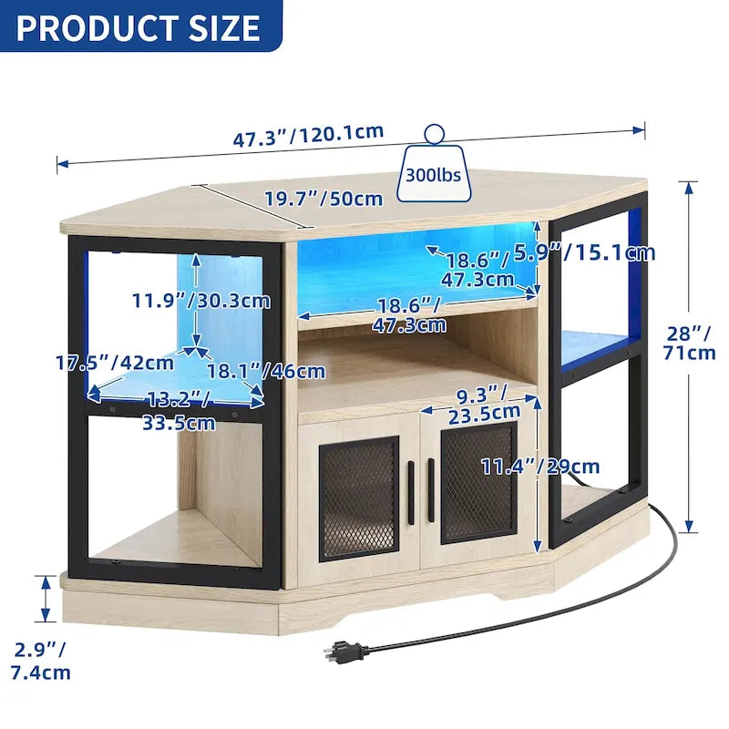 Meuble TV d'angle style ferme, console multimédia pour téléviseurs jusqu'à 55 pouces avec prise électrique
