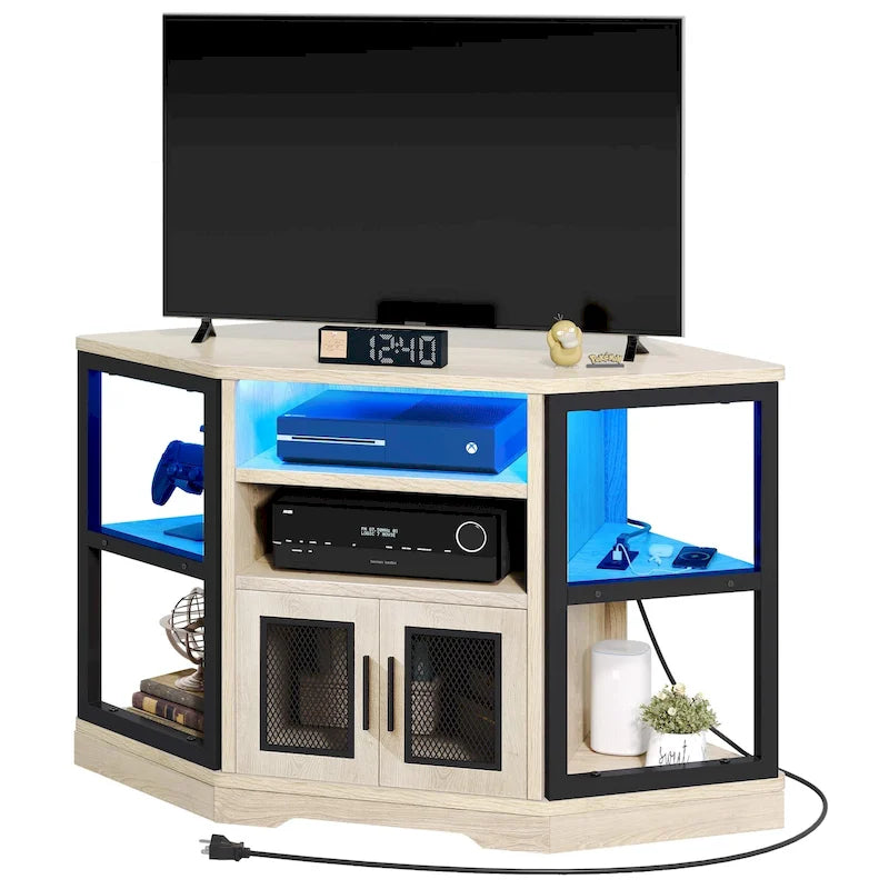 Meuble TV d'angle style ferme, console multimédia pour téléviseurs jusqu'à 55 pouces avec prise électrique