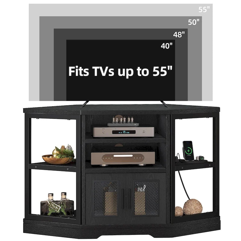 Meuble TV d'angle style ferme, console multimédia pour téléviseurs jusqu'à 55 pouces avec prise électrique