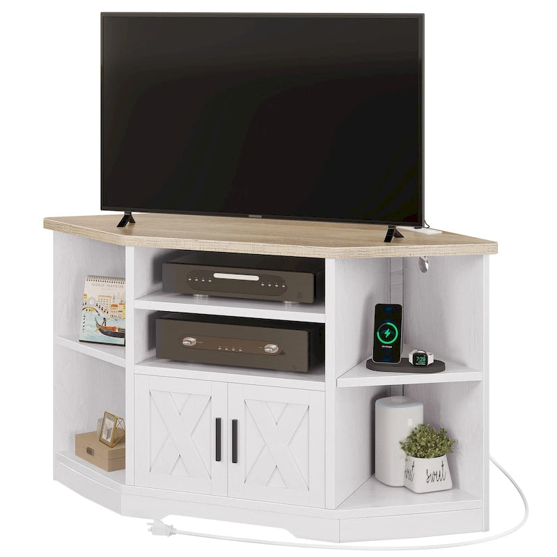 Meuble TV d'angle style ferme, console multimédia pour téléviseurs jusqu'à 55 pouces avec prise électrique