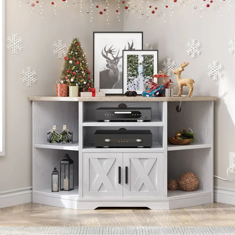 Meuble TV d'angle style ferme, console multimédia pour téléviseurs jusqu'à 55 pouces avec prise électrique