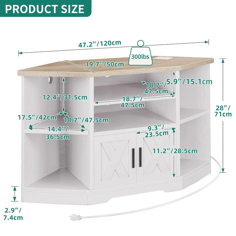 Meuble TV d'angle style ferme, console multimédia pour téléviseurs jusqu'à 55 pouces avec prise électrique
