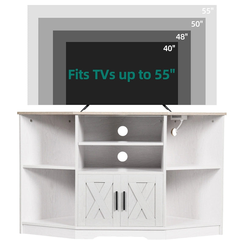 Meuble TV d'angle style ferme, console multimédia pour téléviseurs jusqu'à 55 pouces avec prise électrique