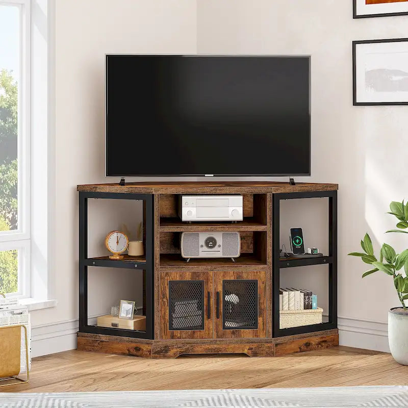 Meuble TV d'angle style ferme, console multimédia pour téléviseurs jusqu'à 55 pouces avec prise électrique