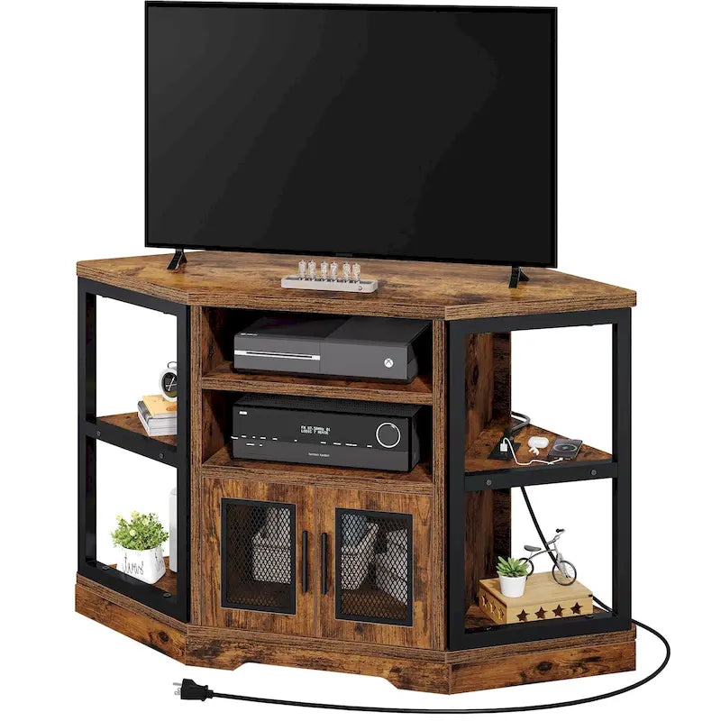 Meuble TV d'angle style ferme, console multimédia pour téléviseurs jusqu'à 55 pouces avec prise électrique