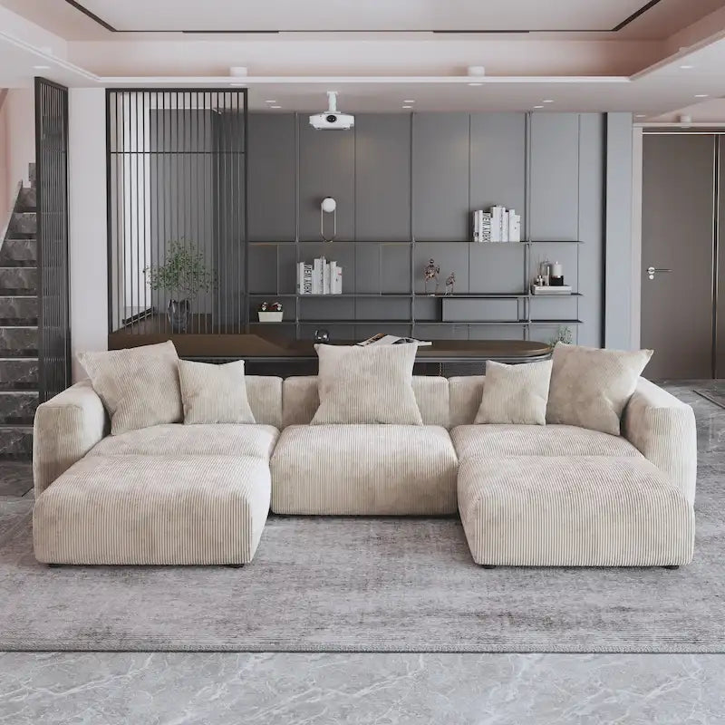 141.73 Modular Sectional Sofa, Corduroy U Shaped Sofa Couch with Ottomans