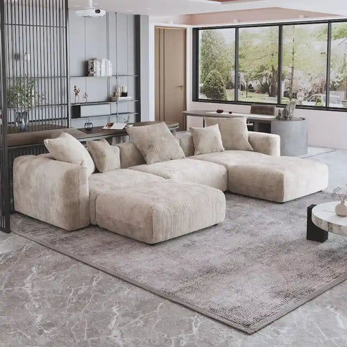 Canapé d'angle modulable 141,73, canapé en velours côtelé en forme de U avec poufs