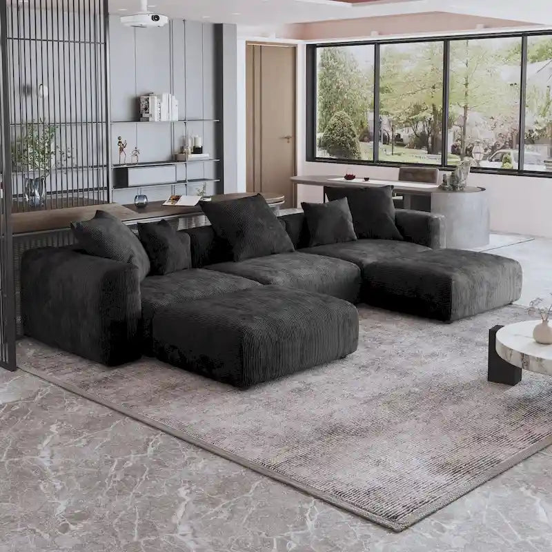 Canapé d'angle modulable 141,73, canapé en velours côtelé en forme de U avec poufs
