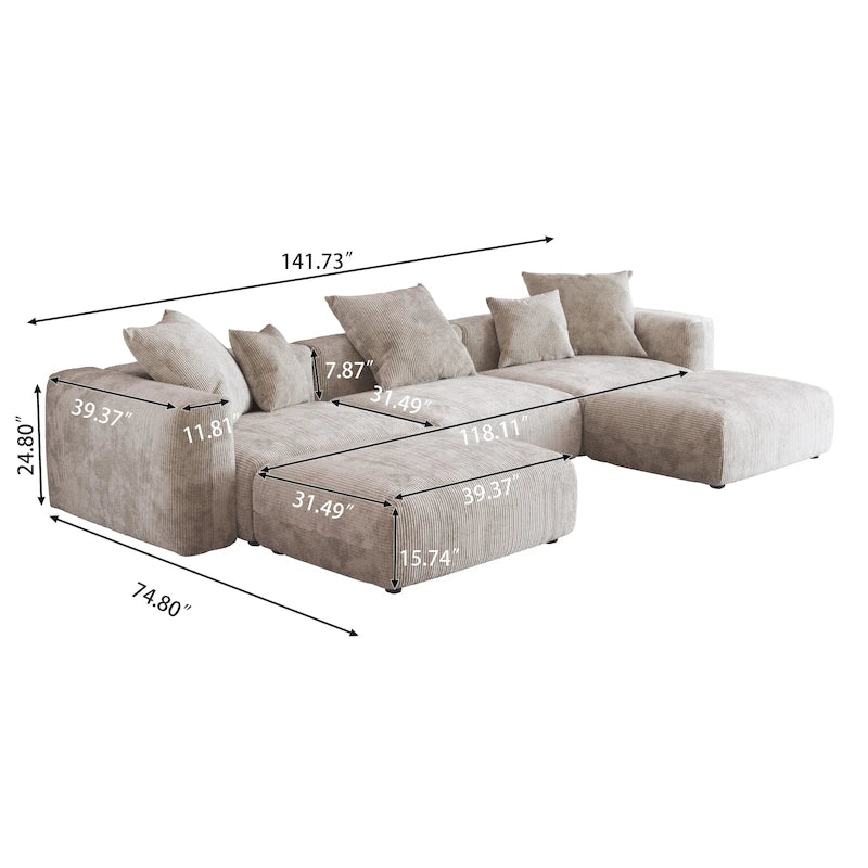 Canapé d'angle modulable 141,73, canapé en velours côtelé en forme de U avec poufs