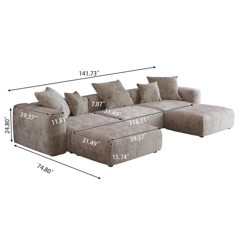 Canapé d'angle modulable 141,73, canapé en velours côtelé en forme de U avec poufs