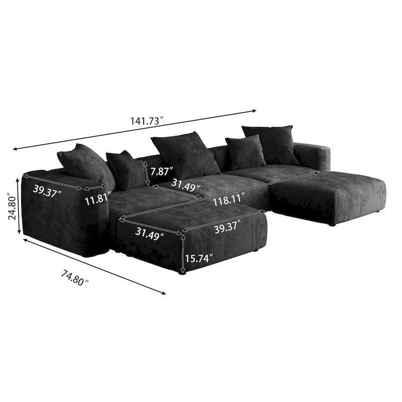 Canapé d'angle modulable 141,73, canapé en velours côtelé en forme de U avec poufs