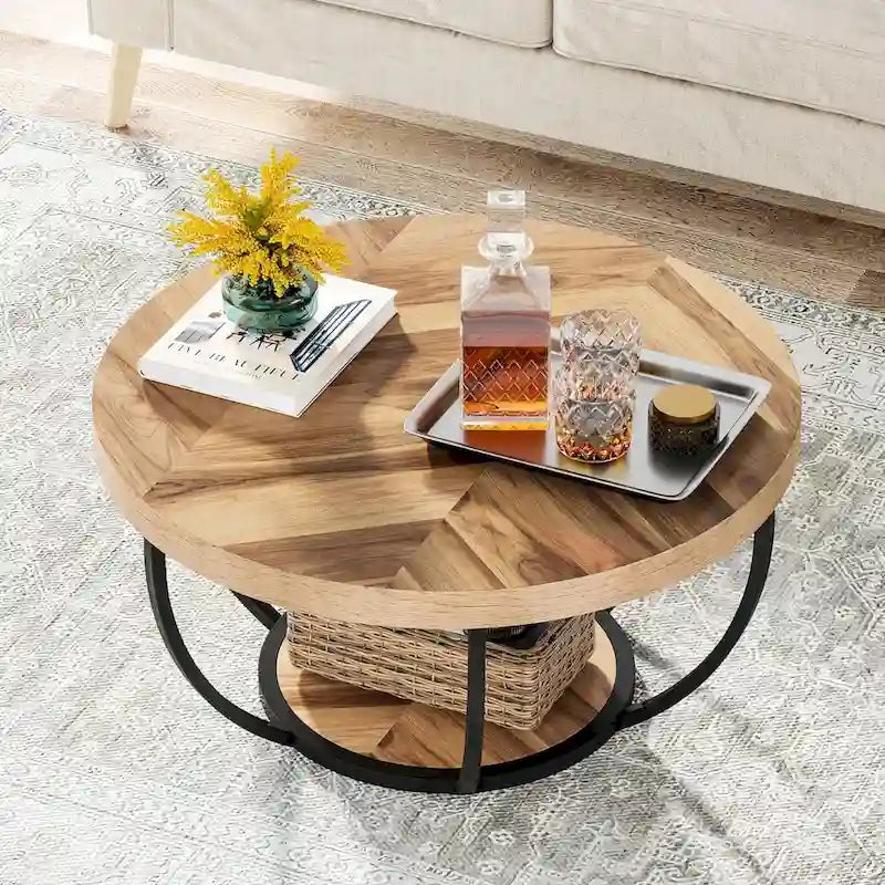 Table basse ronde de 31,7 pouces, table centrale rustique à 2 niveaux avec étagères de rangement ouvertes