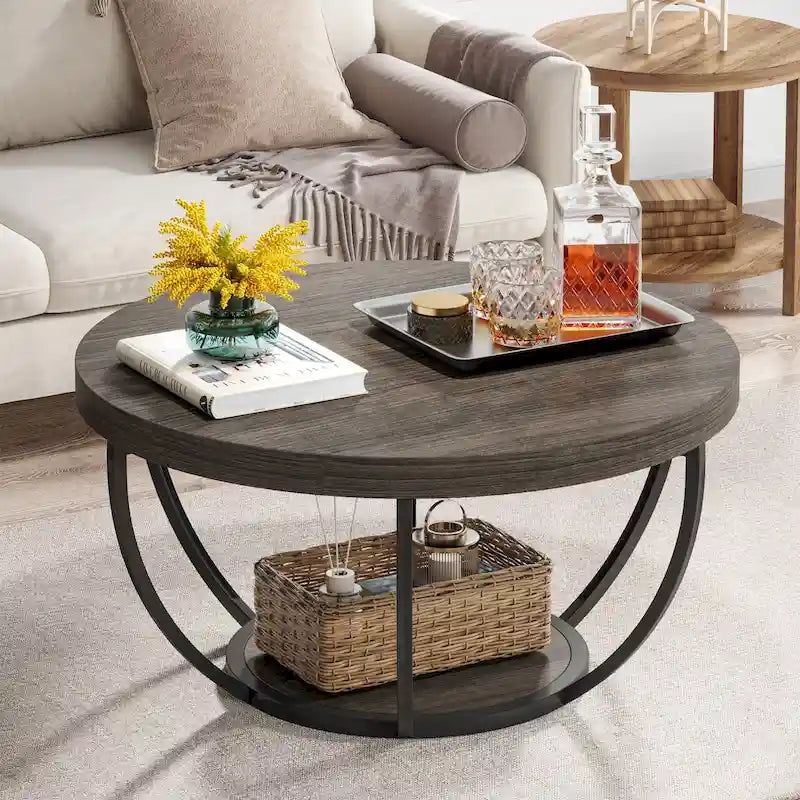 Table basse ronde de 31,7 pouces, table centrale rustique à 2 niveaux avec étagères de rangement ouvertes
