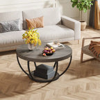 Table basse ronde de 31,7 pouces, table centrale rustique à 2 niveaux avec étagères de rangement ouvertes